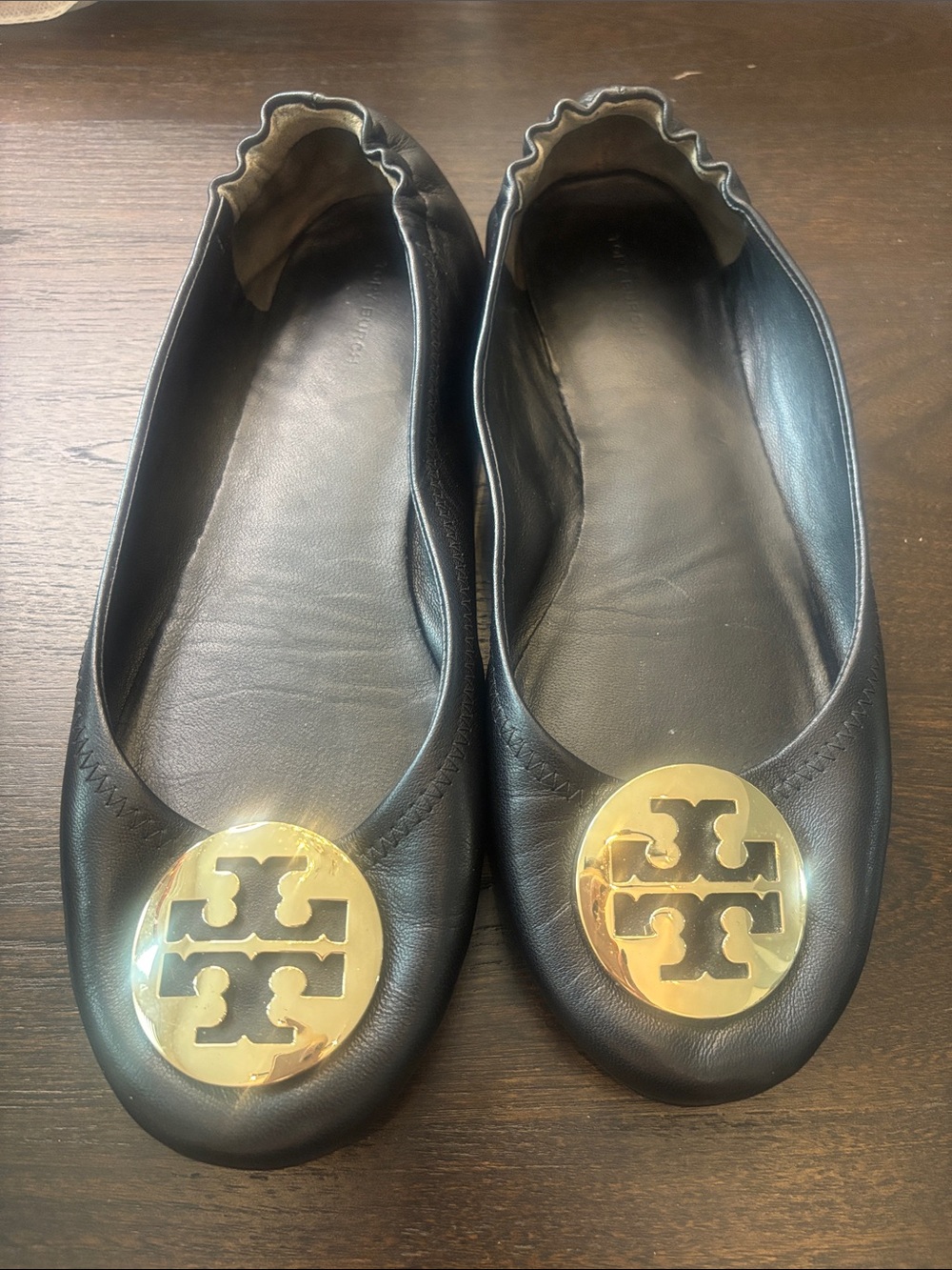 Tory Burch Black Leather Reva Flats with Gold Logo Medallion